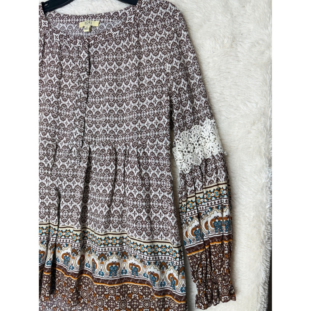 Kori America Blouse Womens S Boho Lace Crochet Damask Print Excellent - Picture 5 of 11